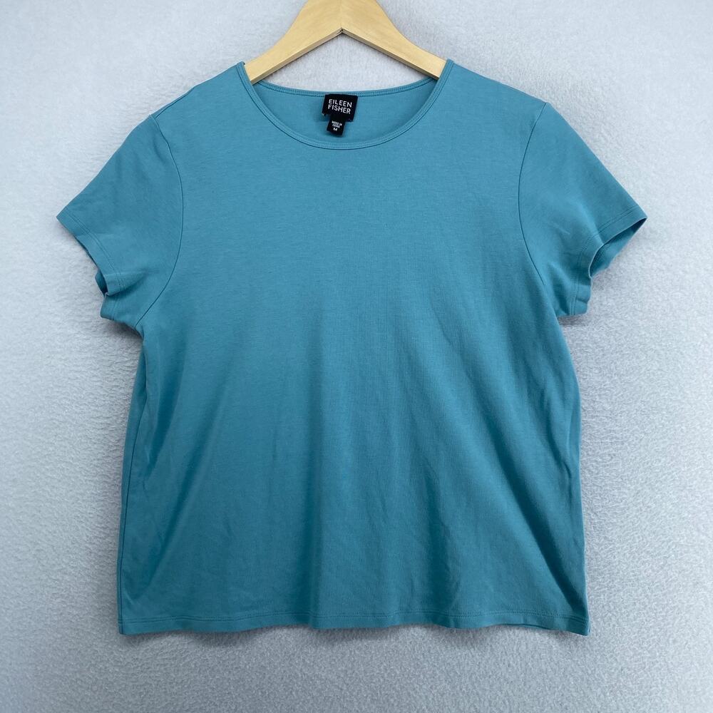 EILEEN FISHER Top M Cotton Interlock Jersey Crew Neck Short Sleeve Basic Blue
